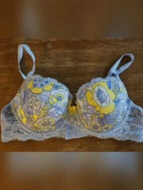 Victoria's Secret Blue Yellow Lace Floral Dream Angels Bra 34C Demi Lined Bra